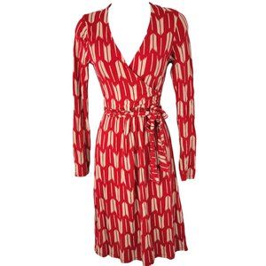 Boden Henrietta Faux Wrap Long Sleeve Jersey Dress - Red/Cream - 6L